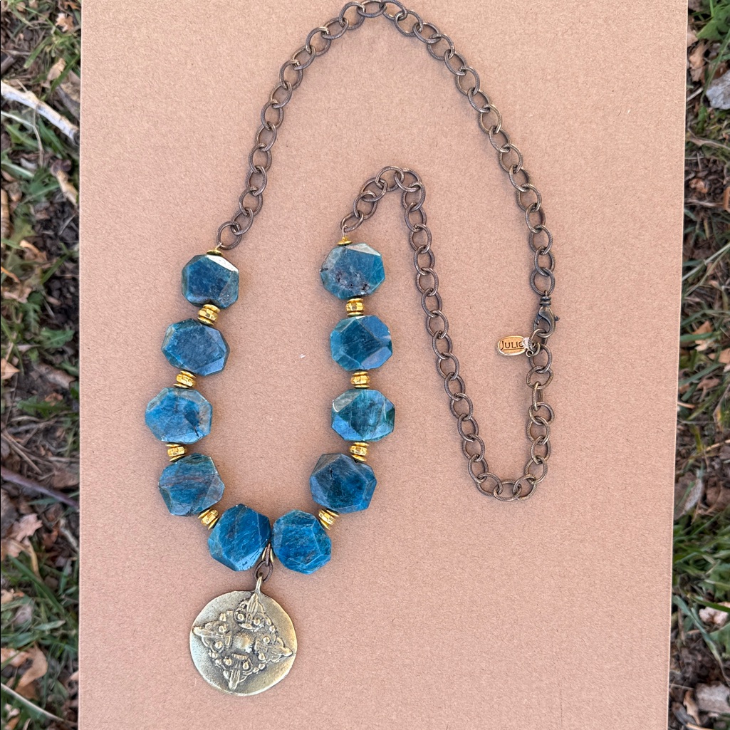 Julio Stone Elegant Blue And Gold Necklace Statement Boho